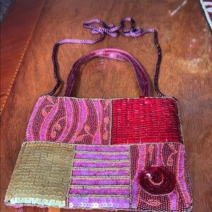 Vintage Vibrant Colorful Patchwork Beaded Crossbody Bag with double arm  handle